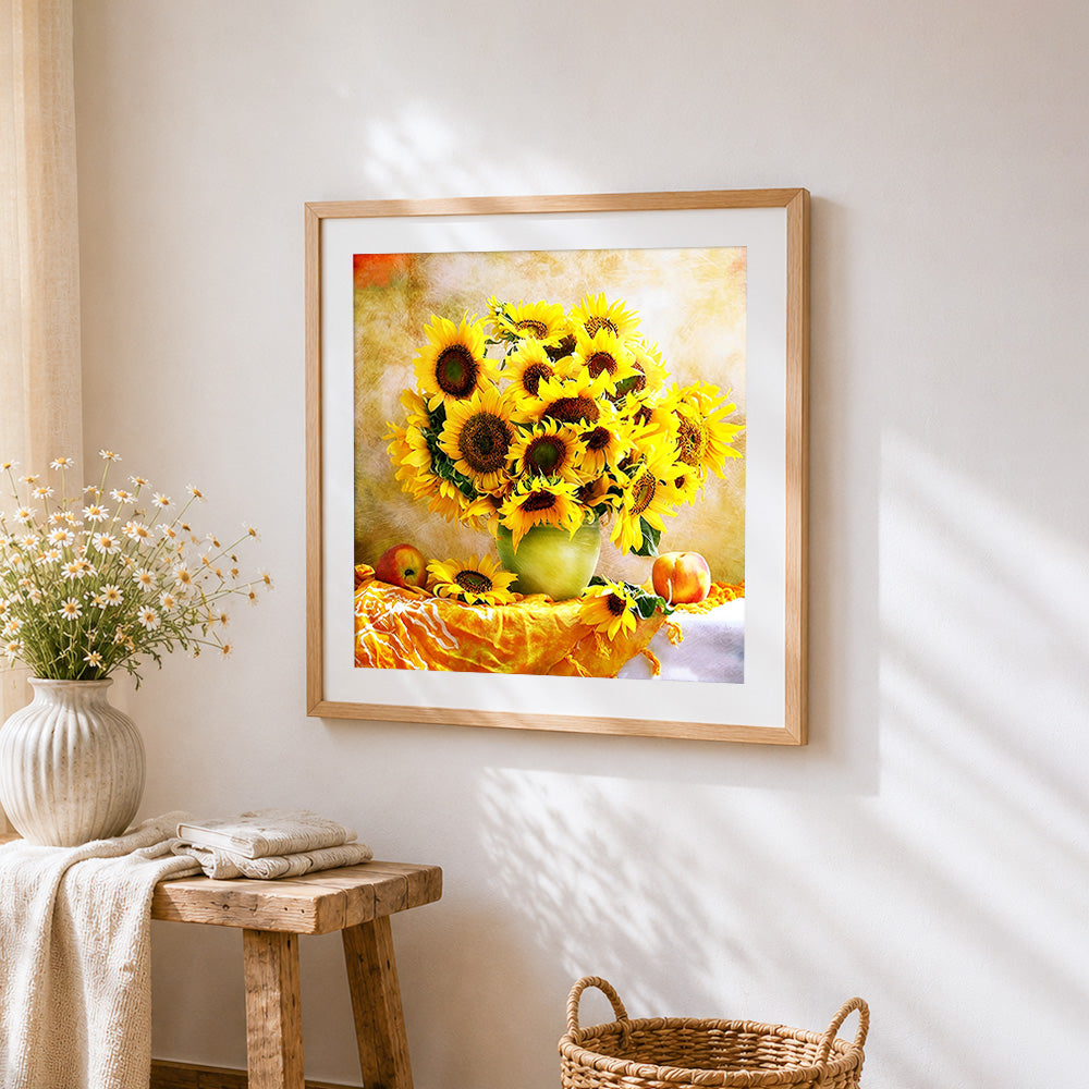 Sunflowers in a vase cross stitch artwork displayed on wall as home decor