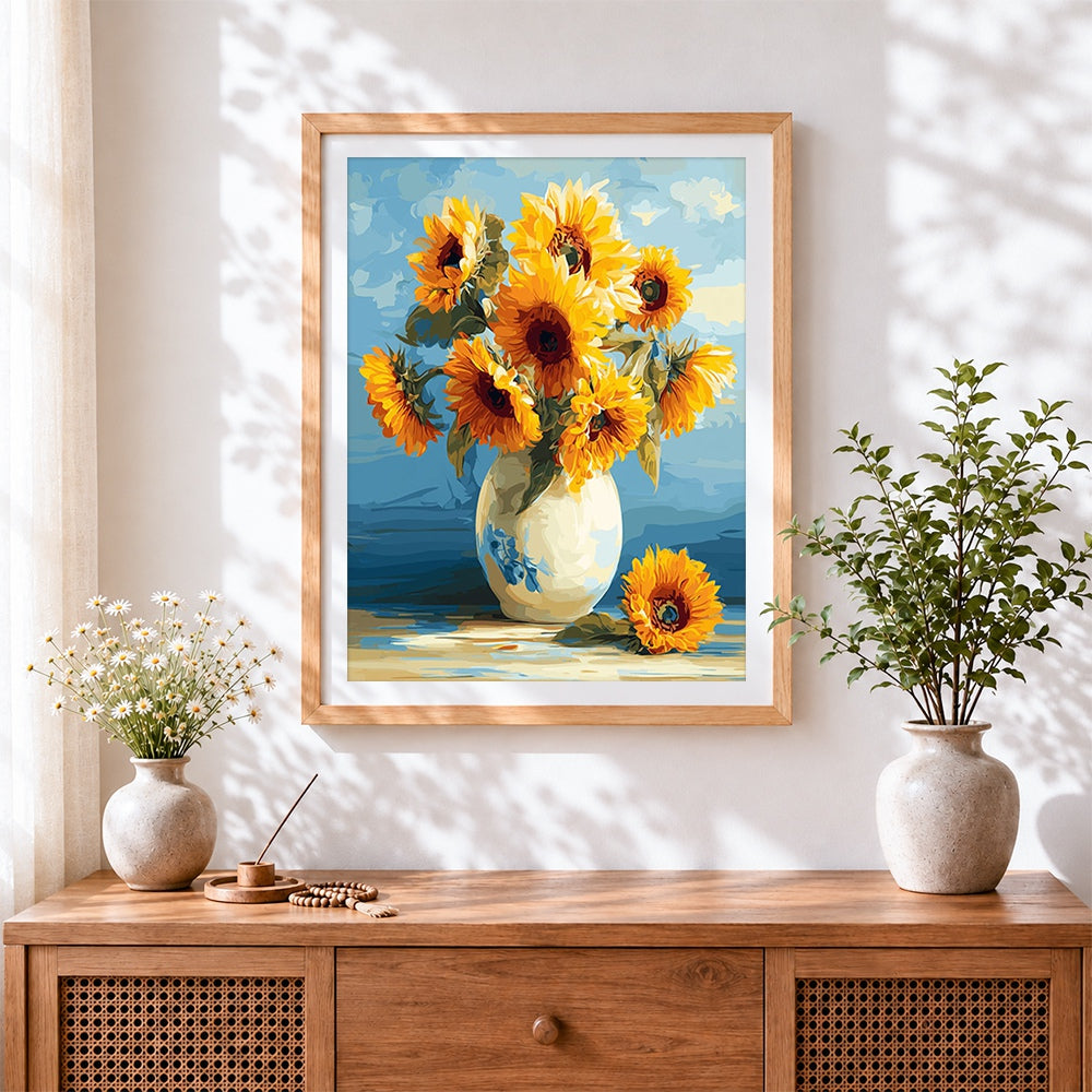 Finished sunflowers in a white vase cross stitch artwork displayed