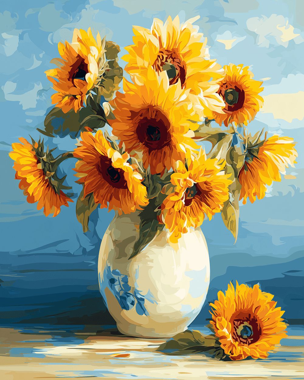 Sunflowers in a white vase cross stitch kit for beginners