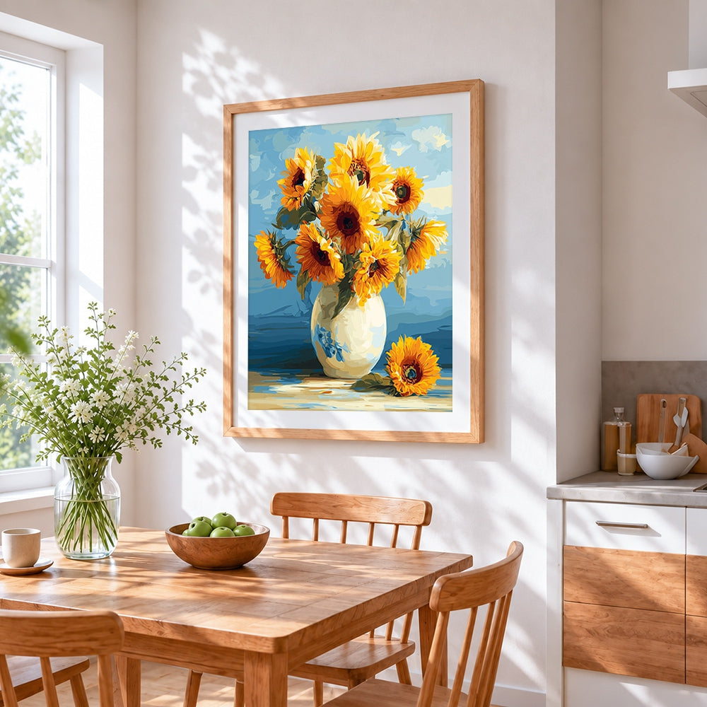 Sunflowers in a white vase cross stitch artwork displayed on wall as home decor