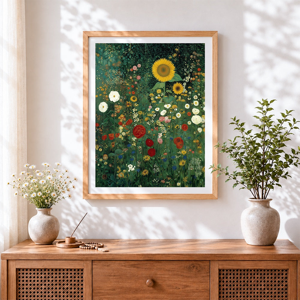 Finished sunflowers in a wildflower meadow cross stitch artwork displayed