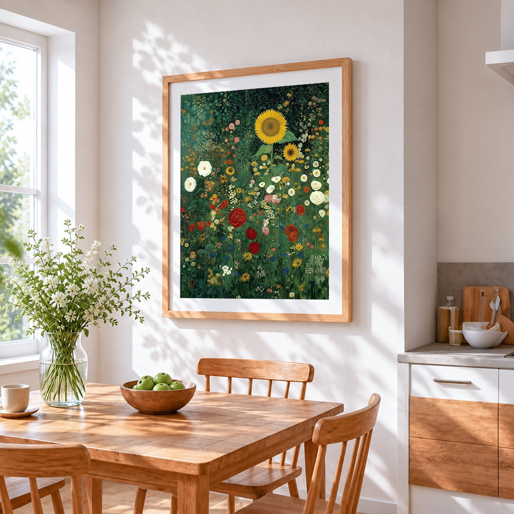 Sunflowers in a wildflower meadow cross stitch artwork displayed on wall as home decor