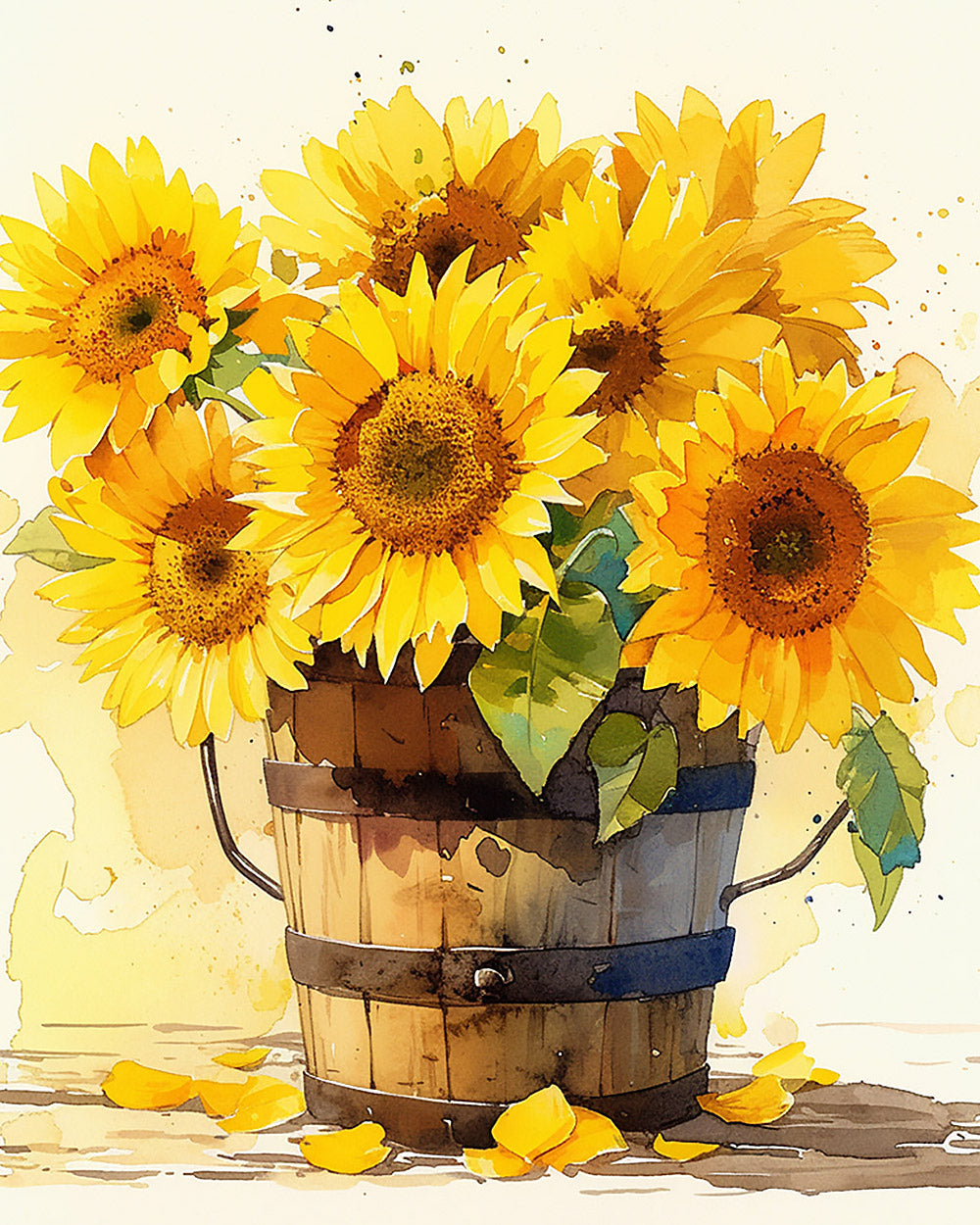 Sunflowers in a wooden bucket cross stitch kit for beginners