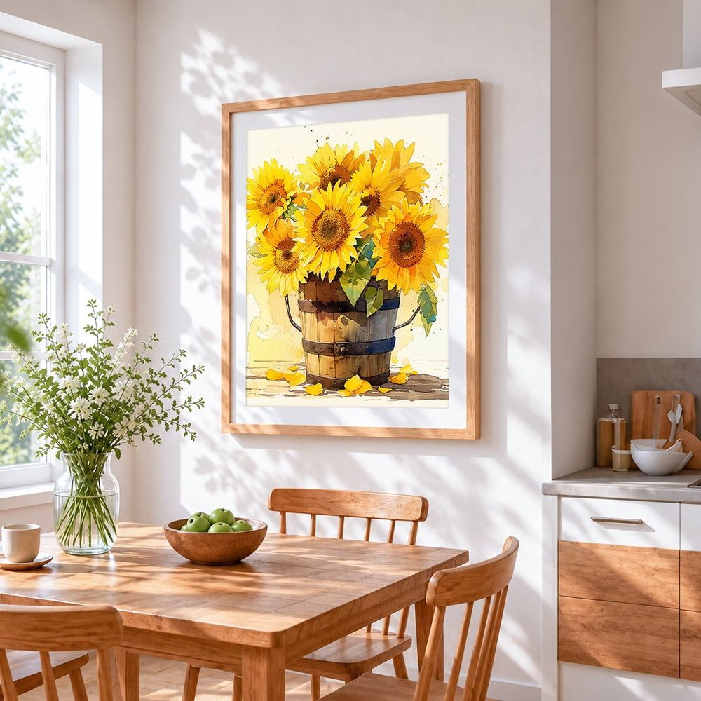 Sunflowers in a wooden bucket cross stitch artwork displayed on wall as home decor