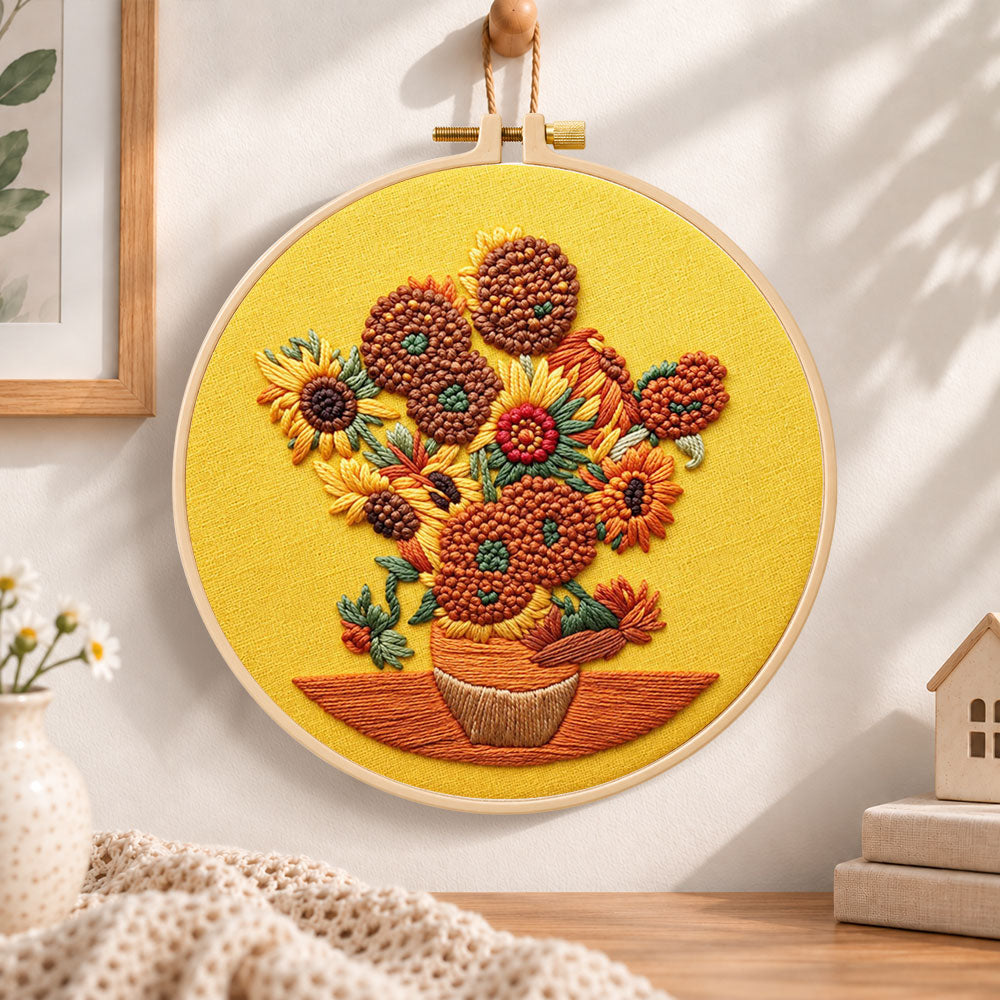 Sunflowers on golden background embroidery hoop wall art displayed as warm and cosy handmade home decor