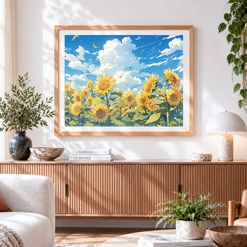 Finished sunflowers under a summer sky cross stitch artwork displayed