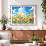 Finished sunflowers under a summer sky paint by numbers artwork displayed as home decor