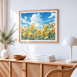 Sunflowers under a summer sky paint by numbers artwork displayed on wall as home decor
