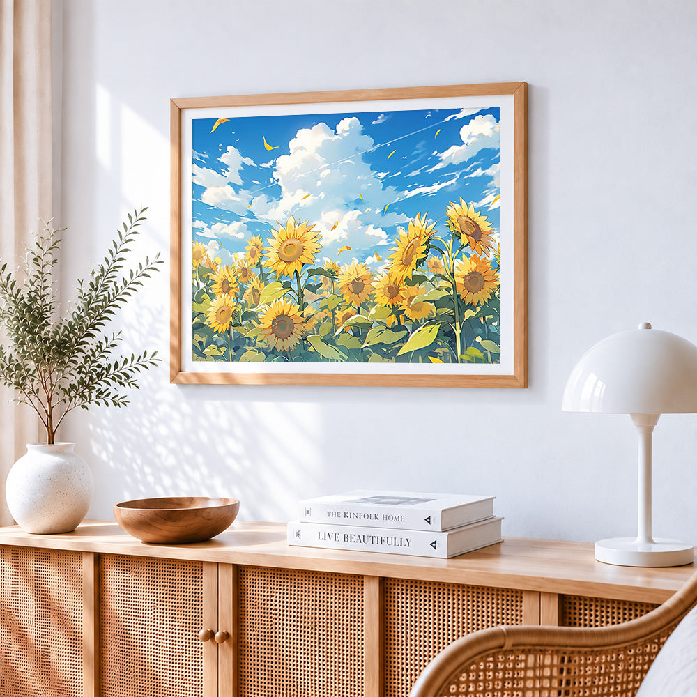Sunflowers under a summer sky paint by numbers artwork displayed on wall as home decor