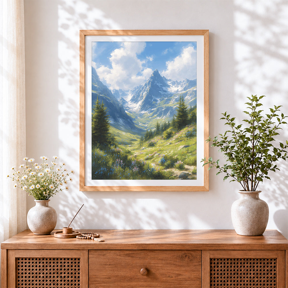 Finished sunlit alpine valley and wildflowers cross stitch artwork displayed