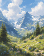 Sunlit alpine valley and wildflowers cross stitch kit for beginners