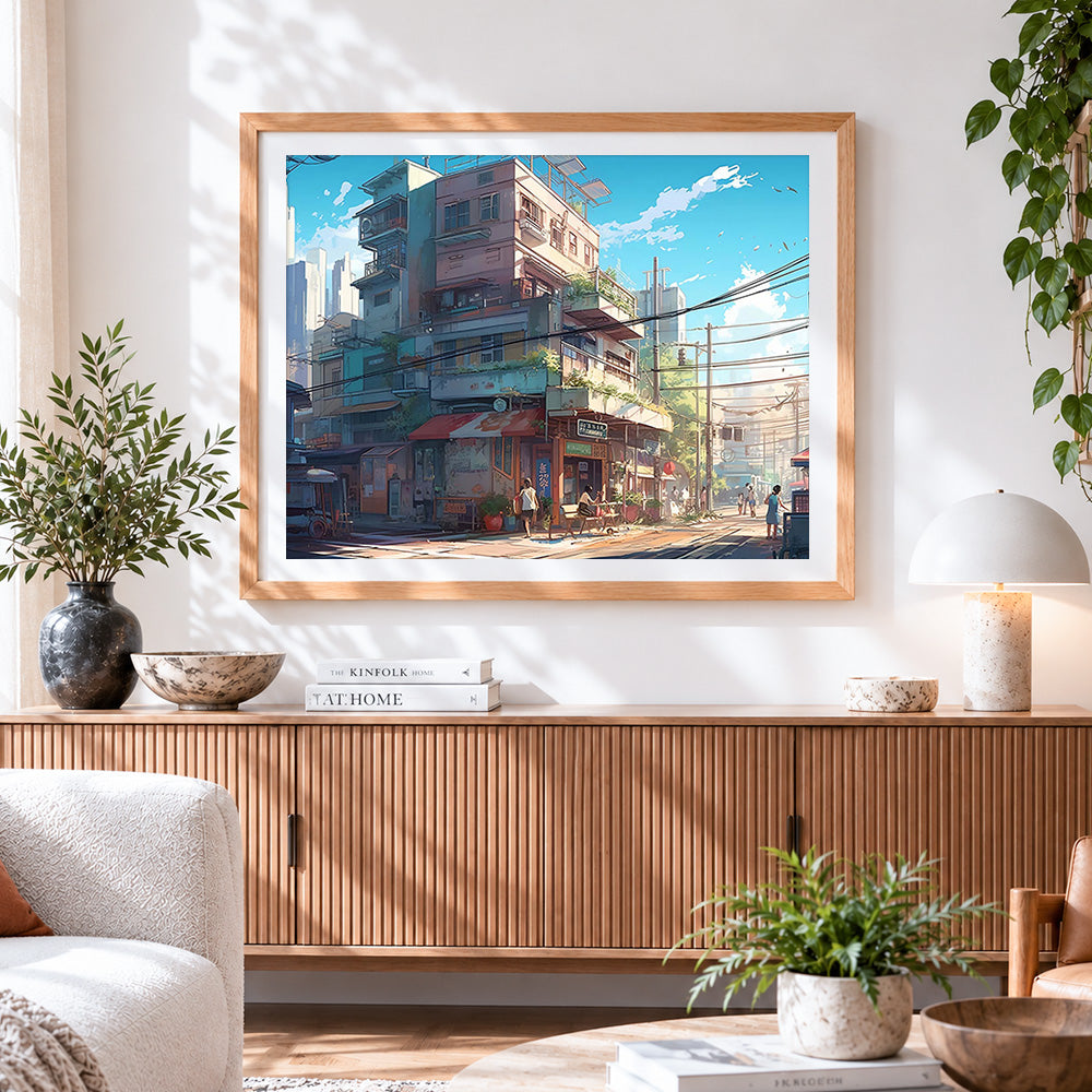 Finished sunlit asian street corner cross stitch artwork displayed