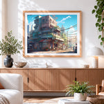 Finished sunlit asian street corner paint by numbers artwork displayed as home decor