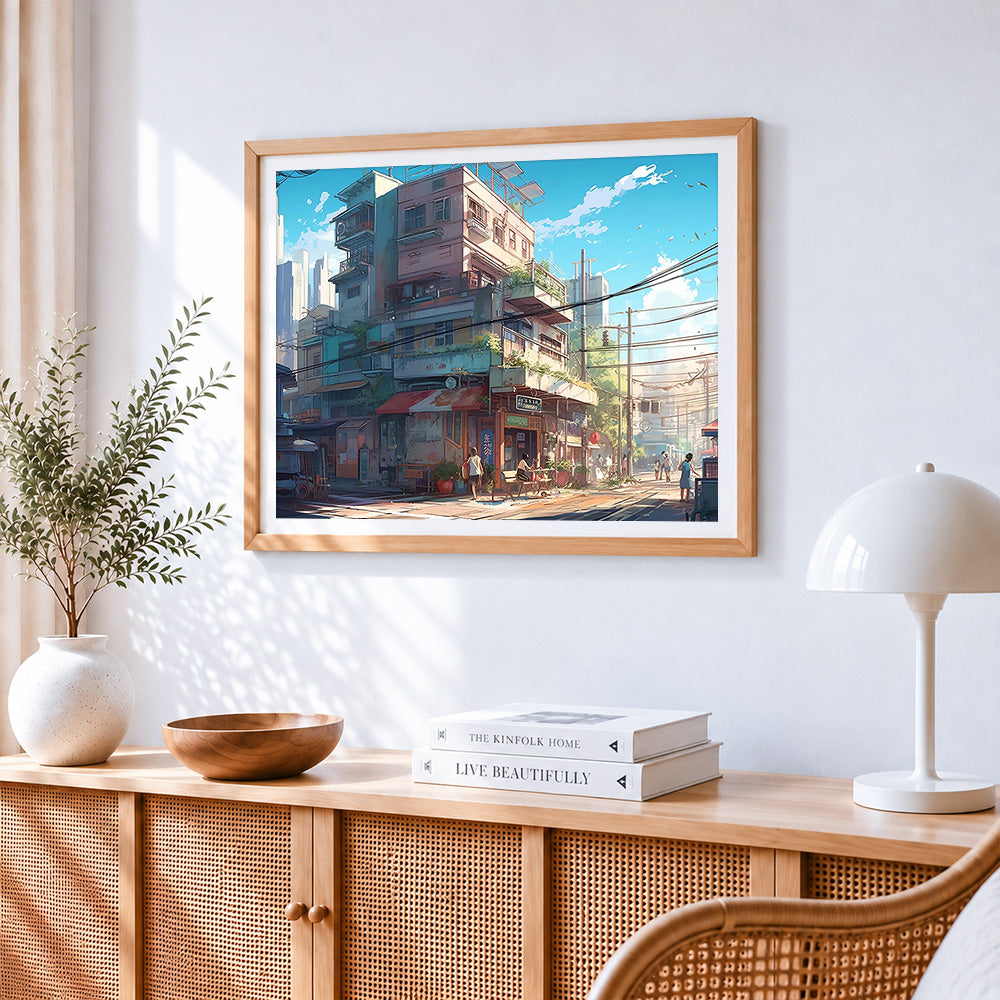 Sunlit asian street corner paint by numbers artwork displayed on wall as home decor