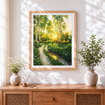 Finished sunlit birch forest path cross stitch artwork displayed