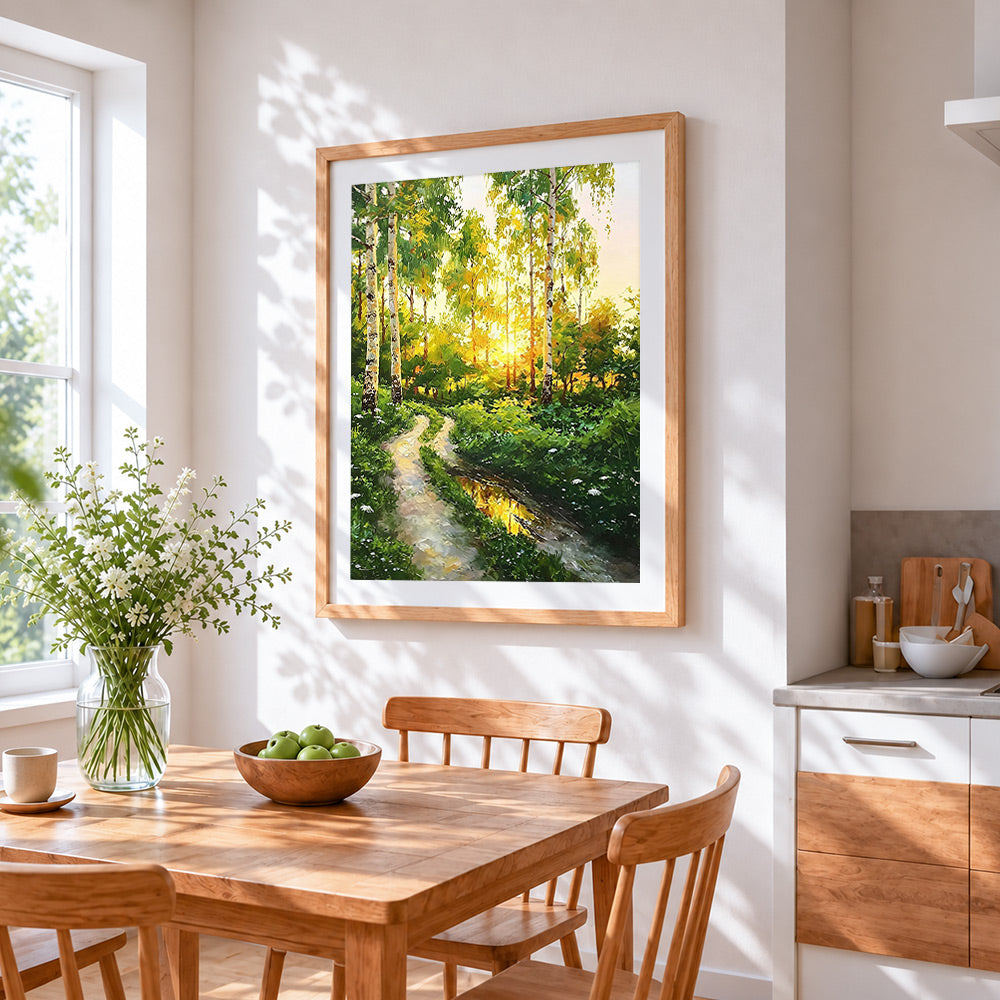 Sunlit birch forest path cross stitch artwork displayed on wall as home decor