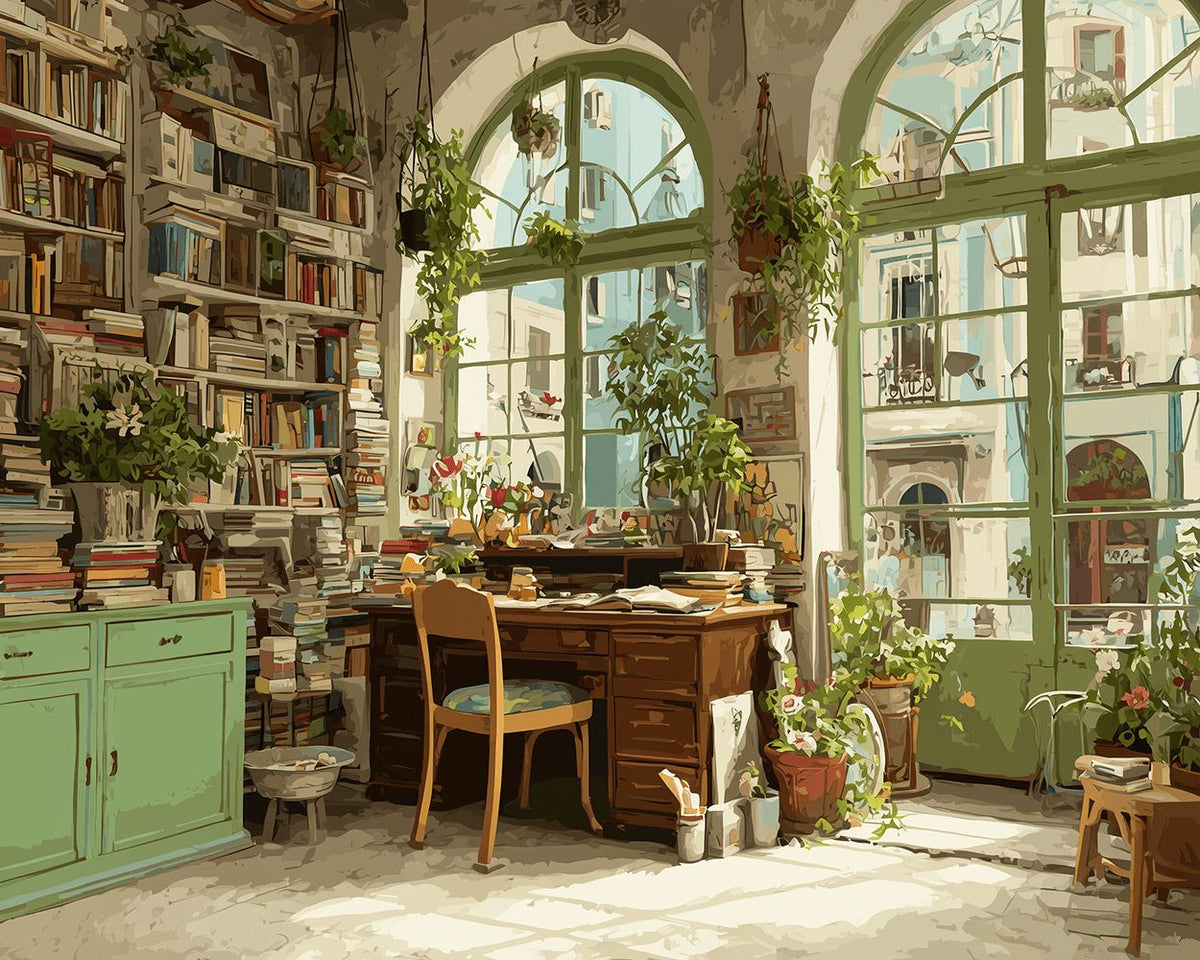 Sunlit bookshop window cross stitch kit for beginners