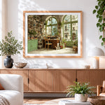 Finished sunlit bookshop window paint by numbers artwork displayed as home decor