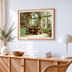 Sunlit bookshop window paint by numbers artwork displayed on wall as home decor