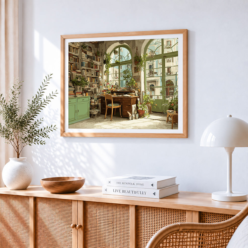 Sunlit bookshop window paint by numbers artwork displayed on wall as home decor