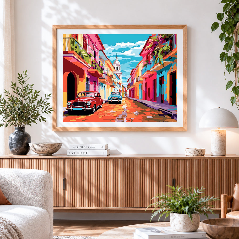 Finished sunlit colourful european alley cross stitch artwork displayed