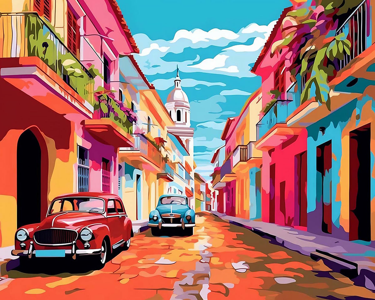 Sunlit colourful european alley paint by numbers kit for beginners