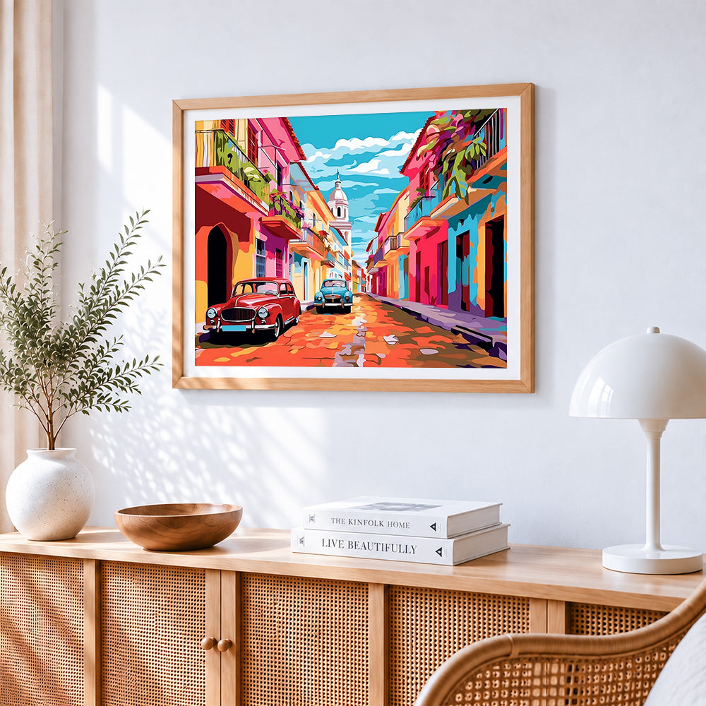 Sunlit colourful european alley paint by numbers artwork displayed on wall as home decor