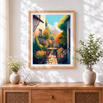 Finished sunlit courtyard garden cross stitch artwork displayed