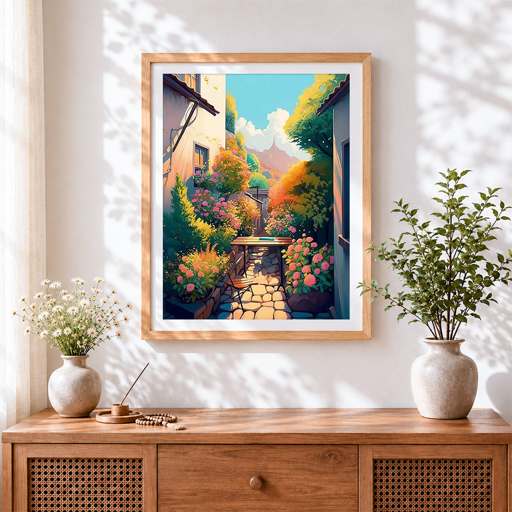 Finished sunlit courtyard garden cross stitch artwork displayed