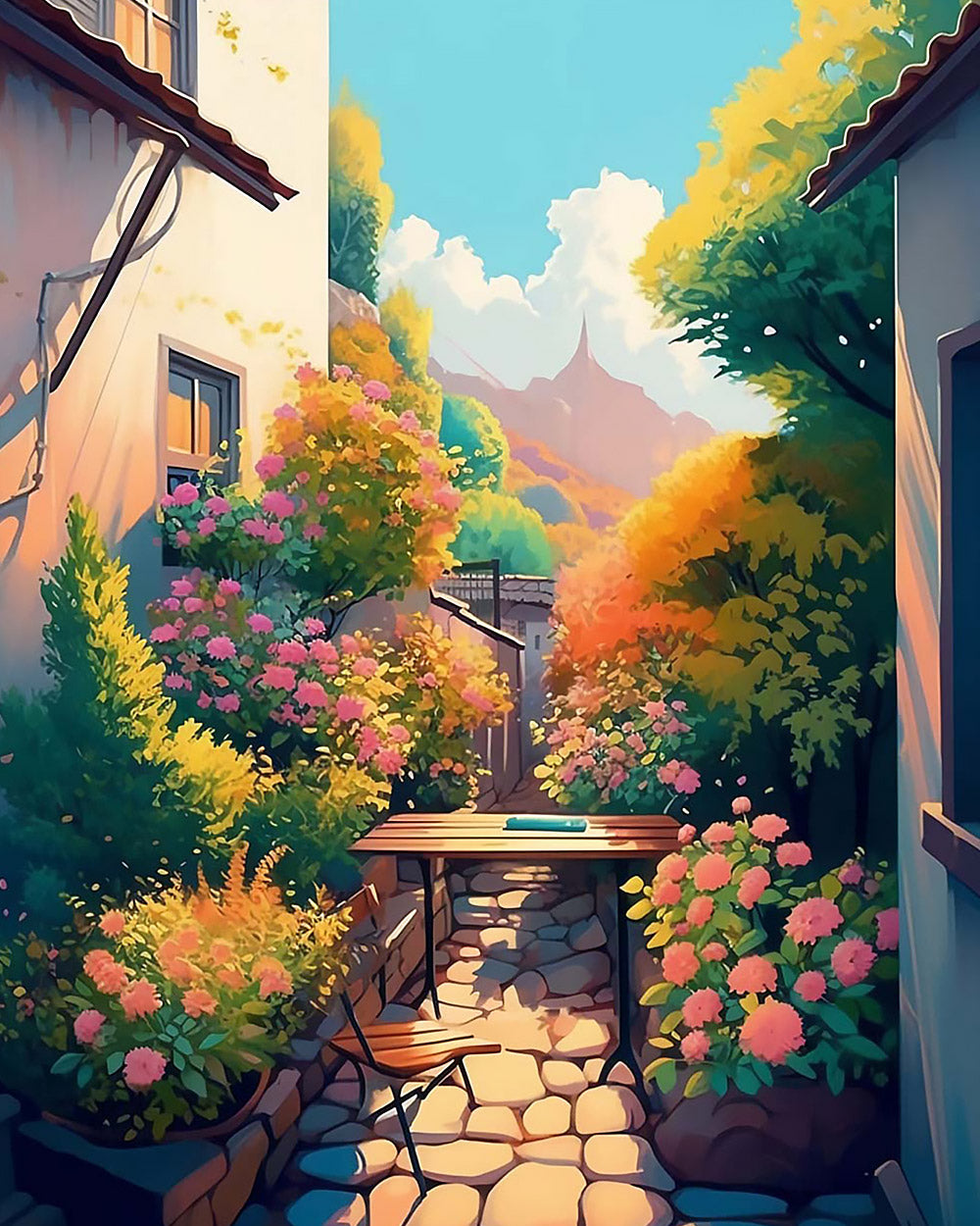 Sunlit courtyard garden cross stitch kit for beginners