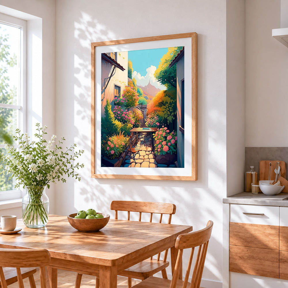 Sunlit courtyard garden cross stitch artwork displayed on wall as home decor