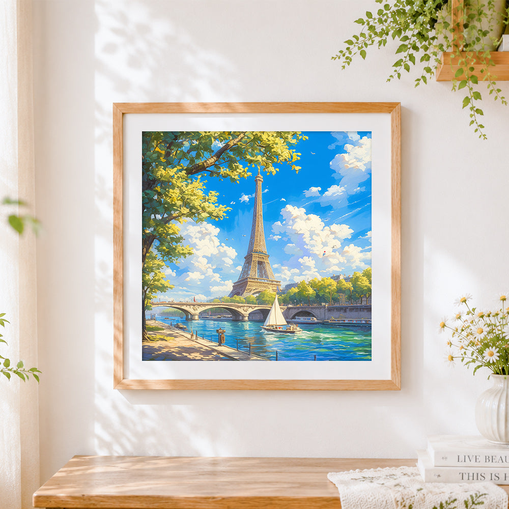 Finished sunlit eiffel tower and river seine cross stitch artwork displayed
