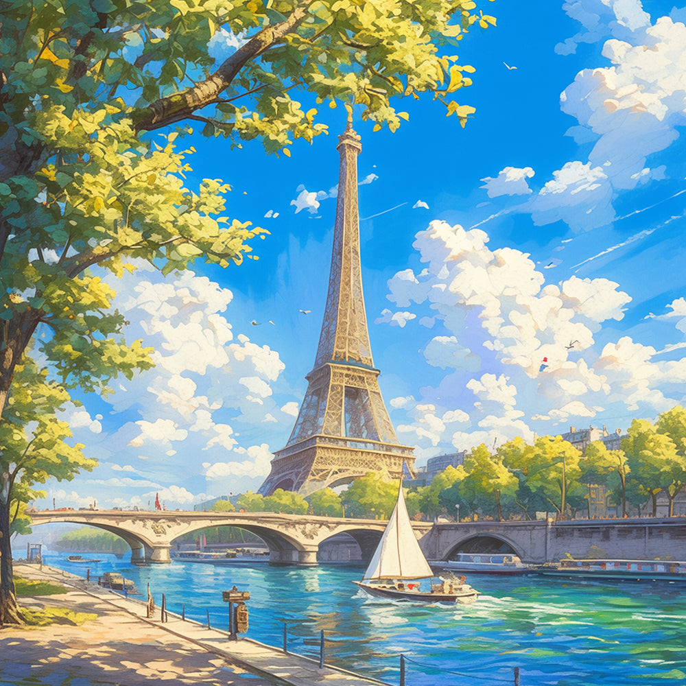 Sunlit eiffel tower and river seine cross stitch kit for beginners
