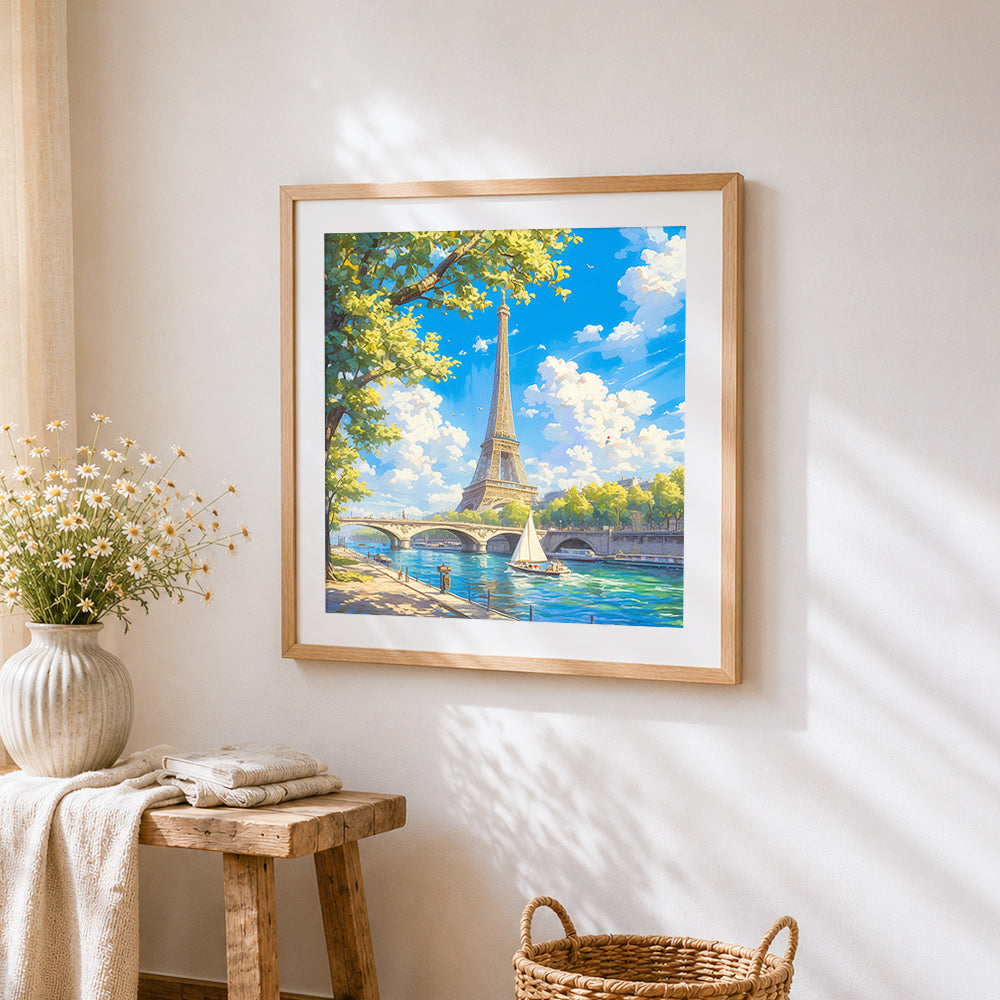 Sunlit eiffel tower and river seine cross stitch artwork displayed on wall as home decor