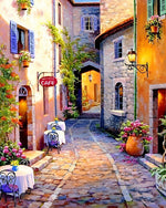 Sunlit european cafe street paint by numbers kit for beginners