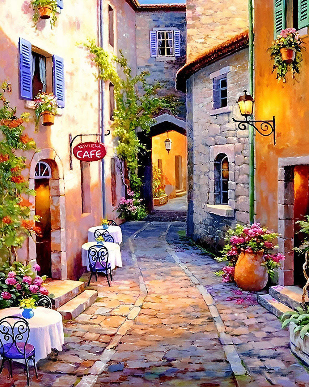 Sunlit european cafe street paint by numbers kit for beginners