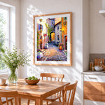 Sunlit european cafe street paint by numbers artwork displayed on wall as home decor