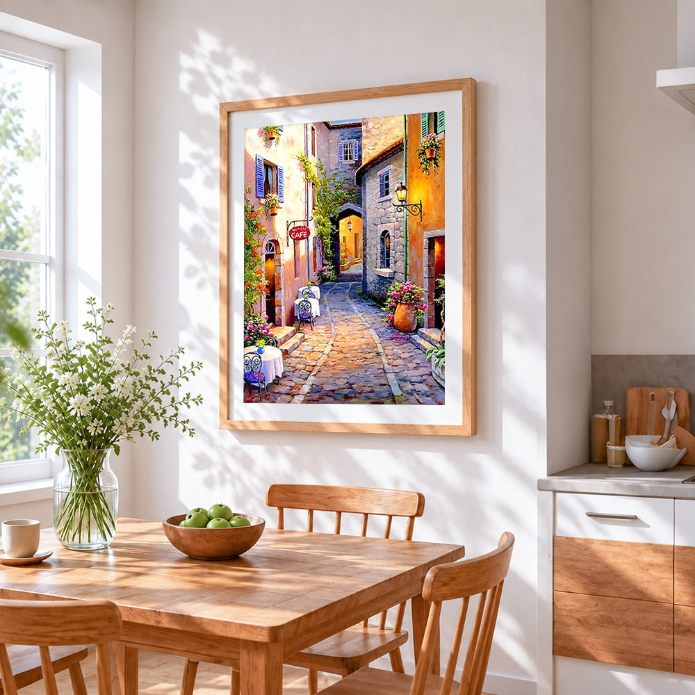Sunlit european cafe street paint by numbers artwork displayed on wall as home decor