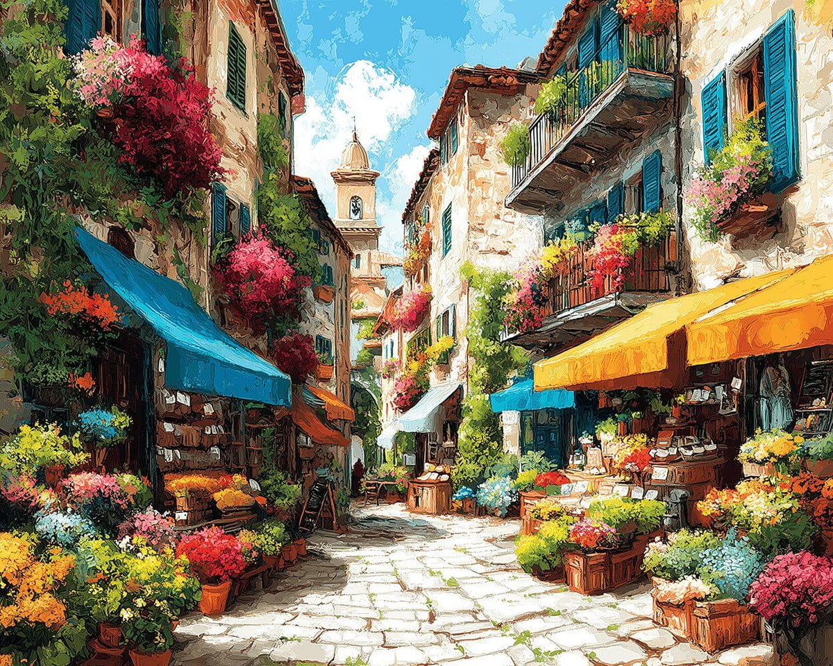 Sunlit flower market street cross stitch kit for beginners
