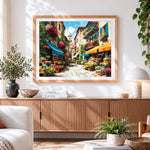 Finished sunlit flower market street paint by numbers artwork displayed as home decor