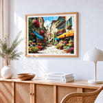 Sunlit flower market street paint by numbers artwork displayed on wall as home decor