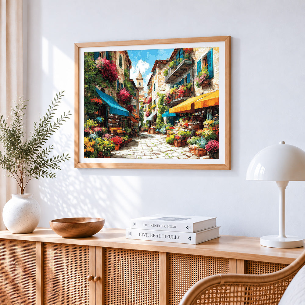 Sunlit flower market street paint by numbers artwork displayed on wall as home decor