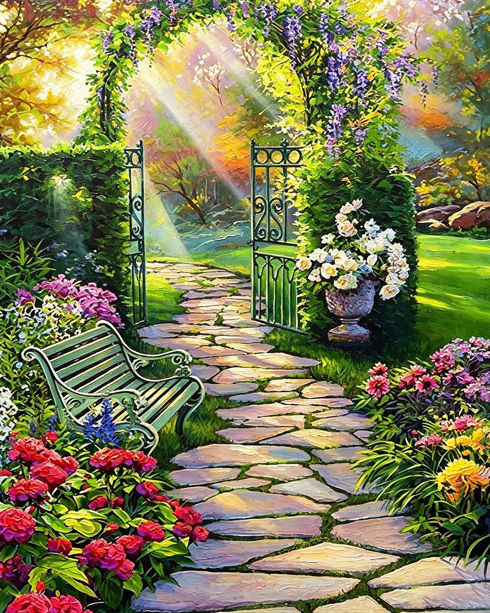 Sunlit garden path and bench cross stitch kit for beginners