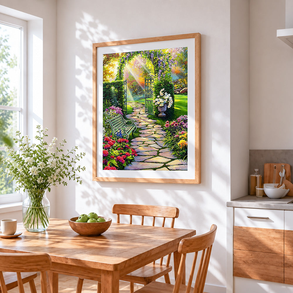 Sunlit garden path and bench cross stitch artwork displayed on wall as home decor