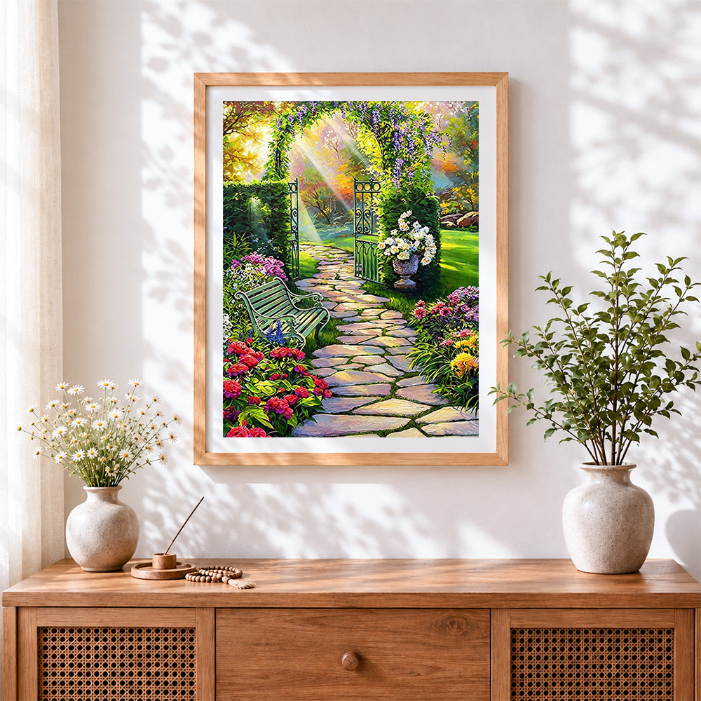 Finished sunlit garden path and bench paint by numbers artwork displayed as home decor