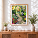 Finished sunlit garden path and bench paint by numbers artwork displayed as home decor