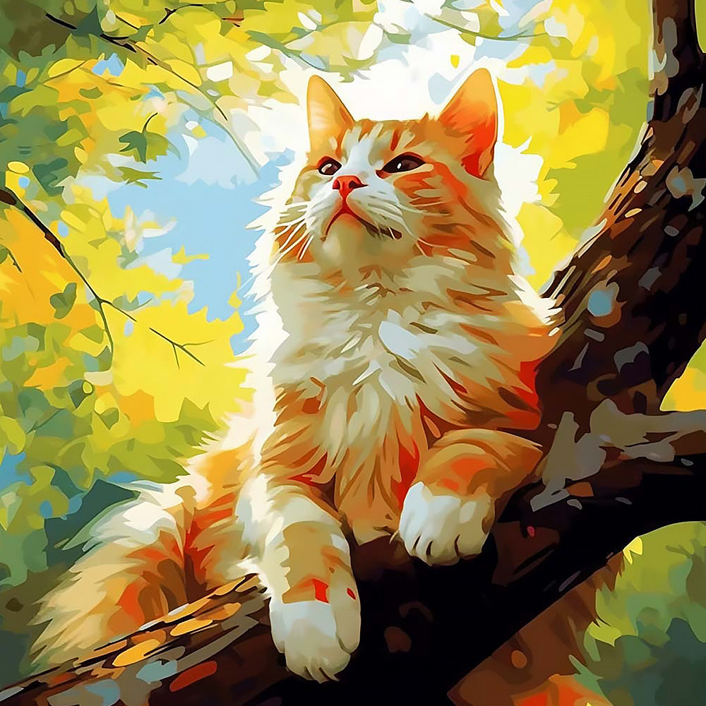 Sunlit ginger cat in a tree cross stitch kit for beginners