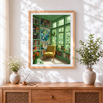 Finished sunlit green reading room cross stitch artwork displayed