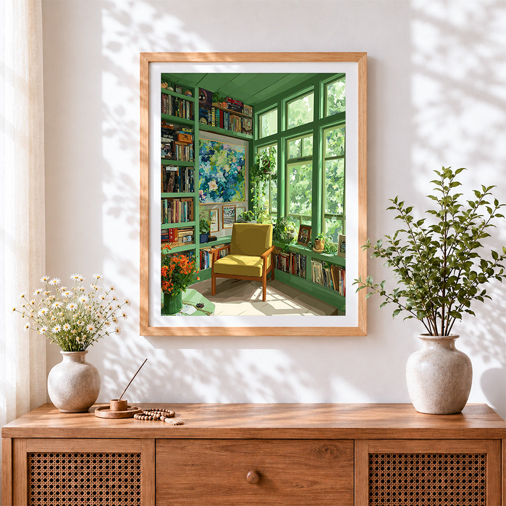 Finished sunlit green reading room cross stitch artwork displayed