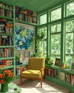 Sunlit green reading room cross stitch kit for beginners